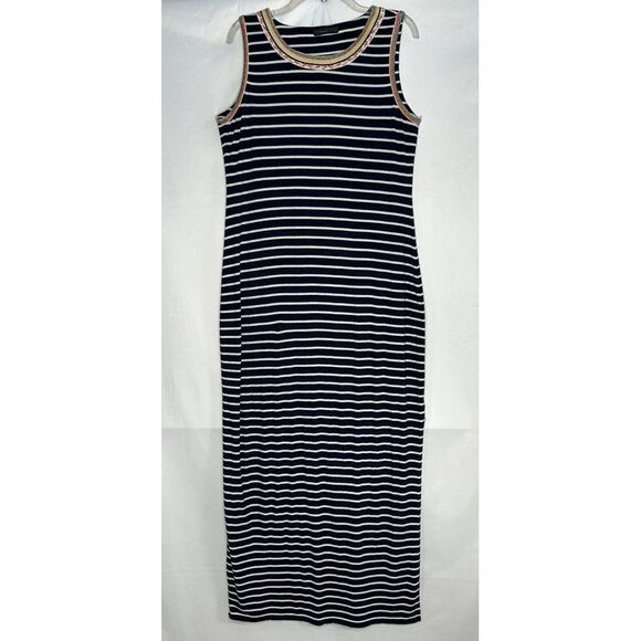 Soft Surroundings Pants - THML Maxi Dress Navy White Stripped Embroidery Detail Side Slit Boho Beachy Sz L
